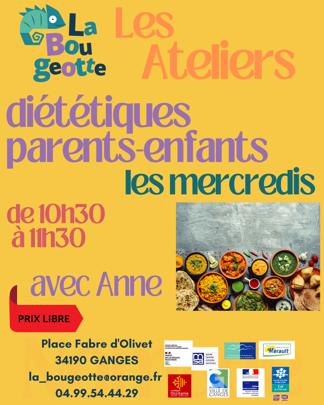 Affiche des ateliers diététiques parents-enfants avec Anne les mercredis de 10h30 à 11h30 à prix libre