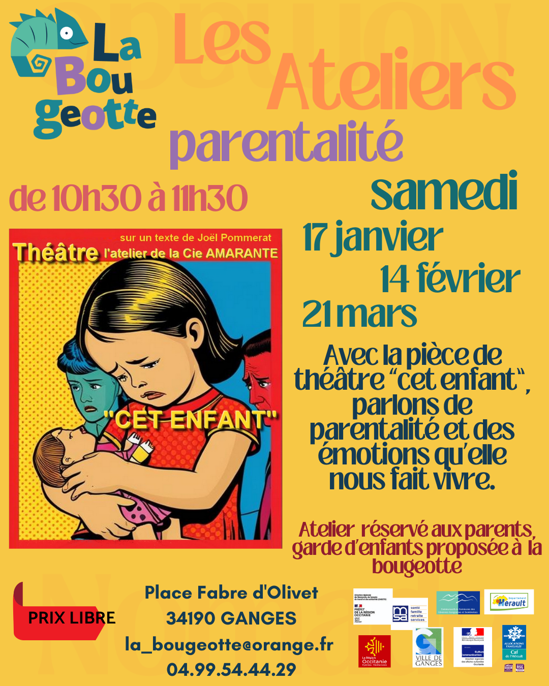 Affiche des ateliers parentalité les samedis 17 janvier, 14 février et 21 mars de 10h30 à 11h30