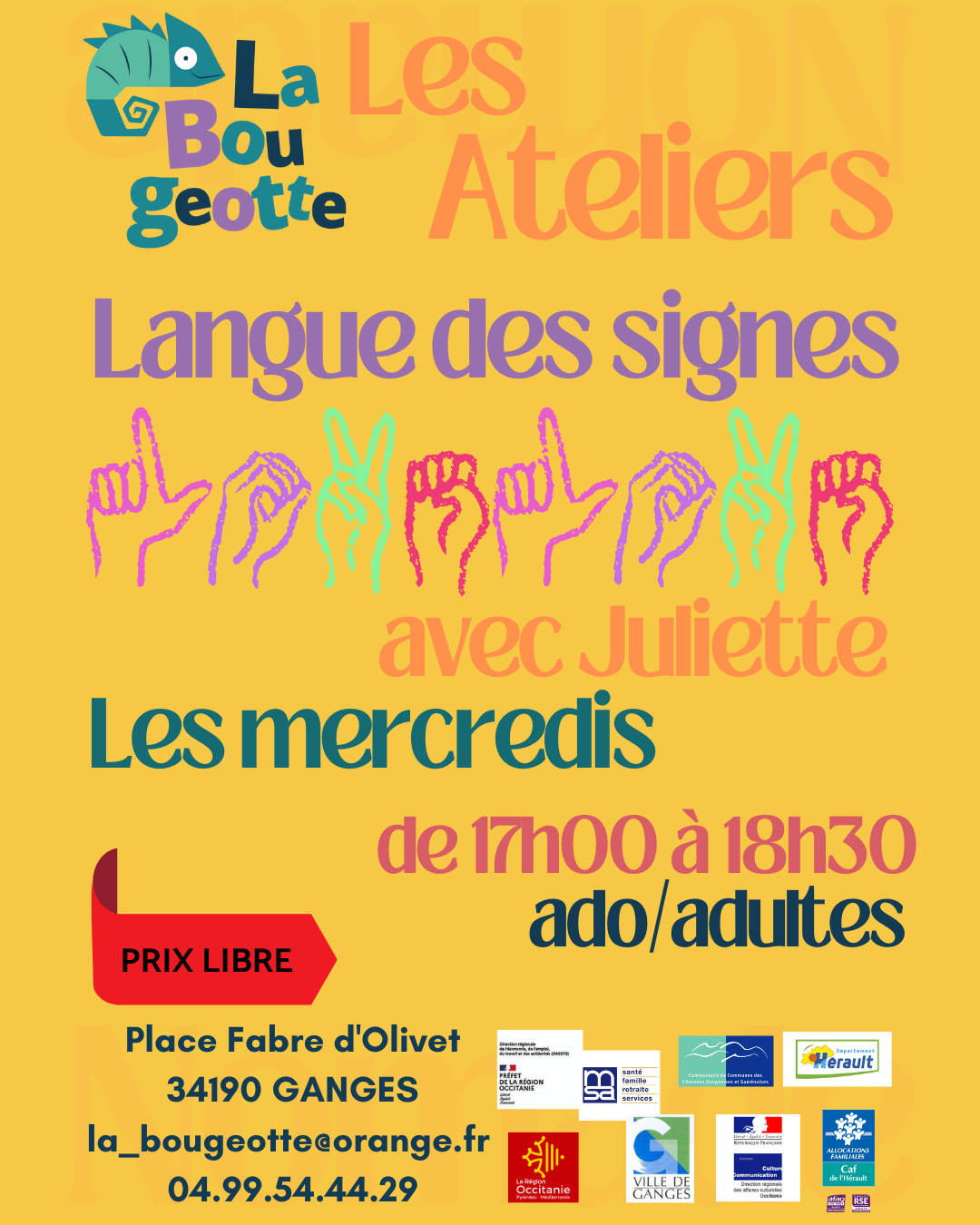Affiche des ateliers langue des signes avec Juliette les mercredis de 17h00 à 18h30 pour adolescents et adultes à prix libre