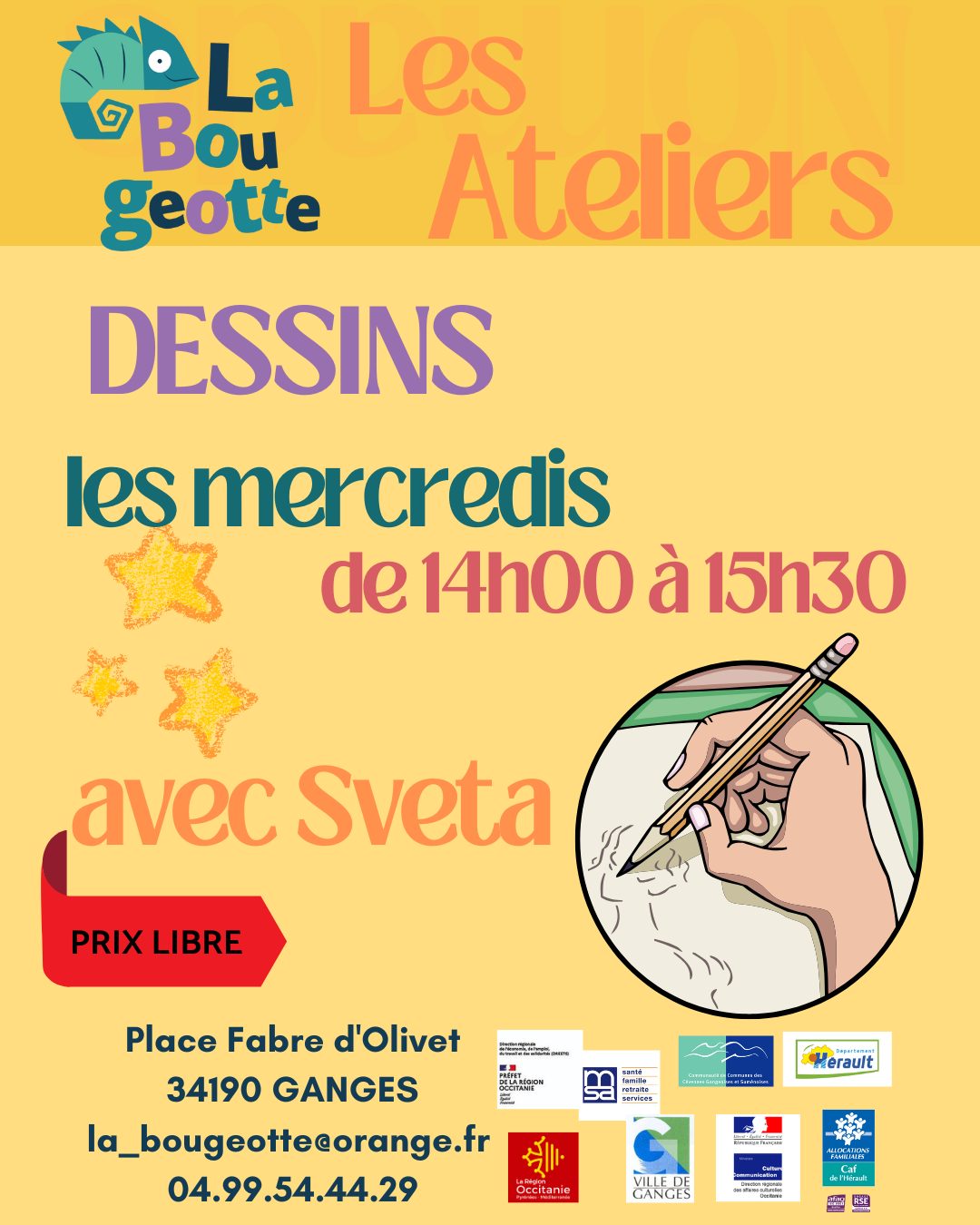 Affiche des ateliers dessins avec Sveta les mercredis de 14h00 à 15h30 à prix libre