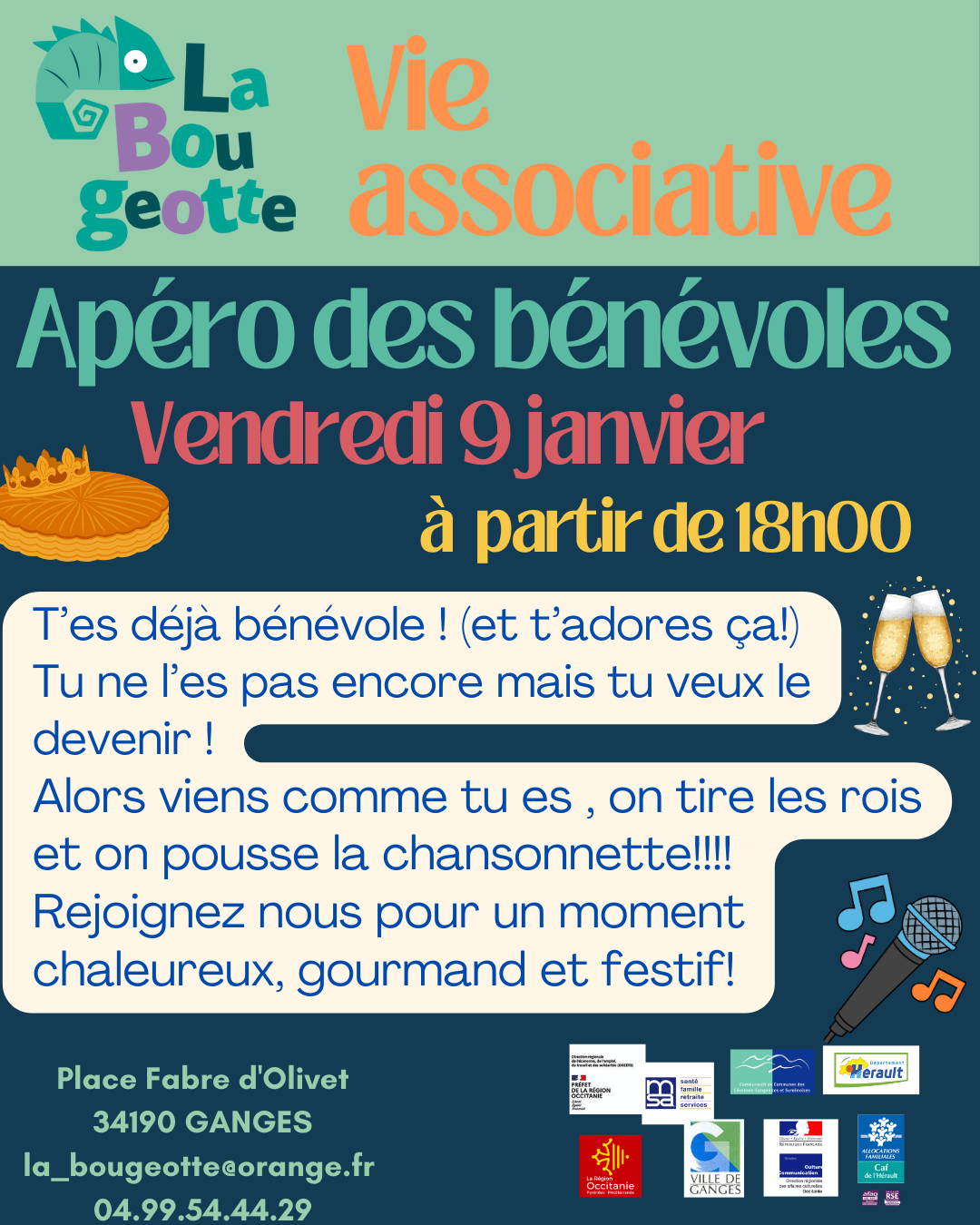 Affiche pour l'apéro des bénévoles de La Bougeotte le vendredi 9 janvier à partir de 18h00