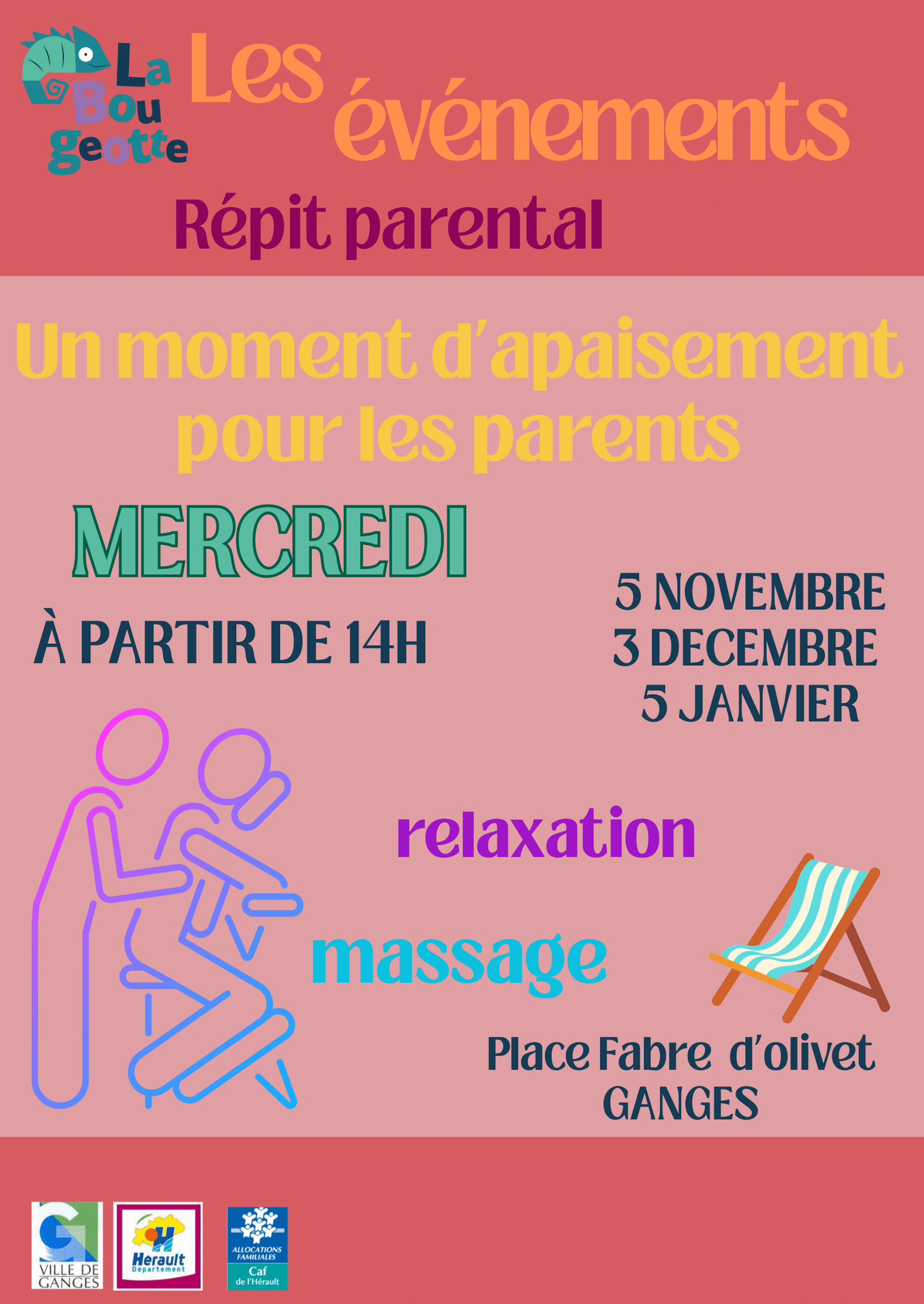 Affiche répit parental les mercredis 5 novembre, 3 décembre et 5 janvier à partir de 14h, moment d'apaisement pour les parents avec relaxation et massage