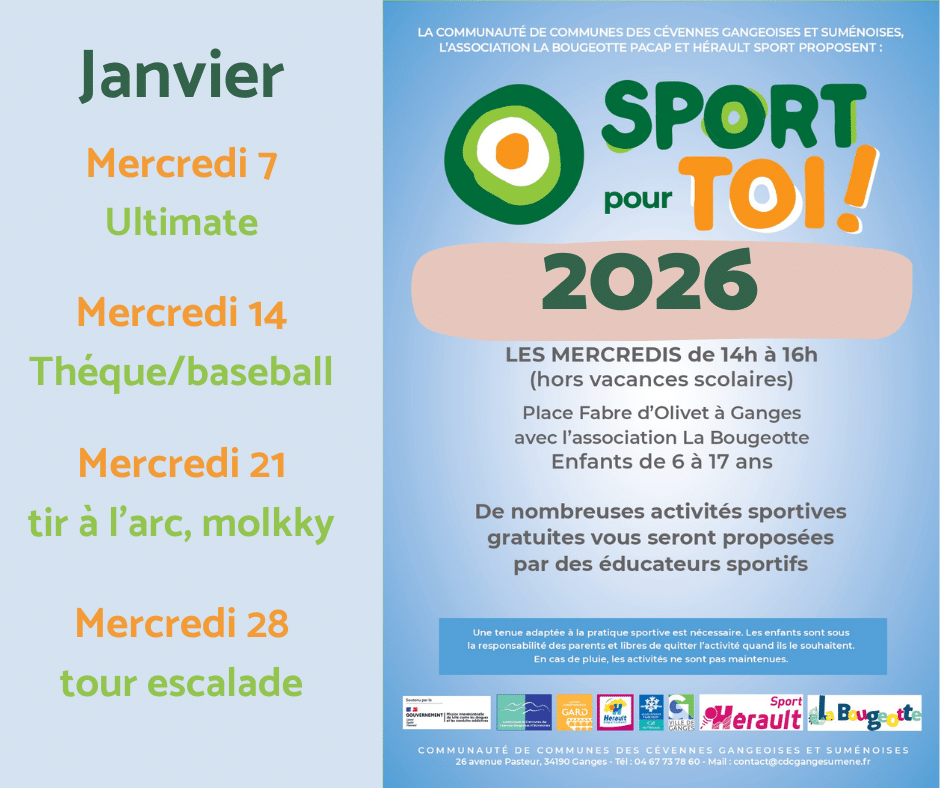 Affiche Sport pour Toi 2026 les mercredis de 14h à 16h hors vacances scolaires pour enfants de 6 à 17 ans, programme de janvier incluant ultimate le 7, théque/baseball le 14, tir à l'arc et molkky le 21, tour escalade le 28